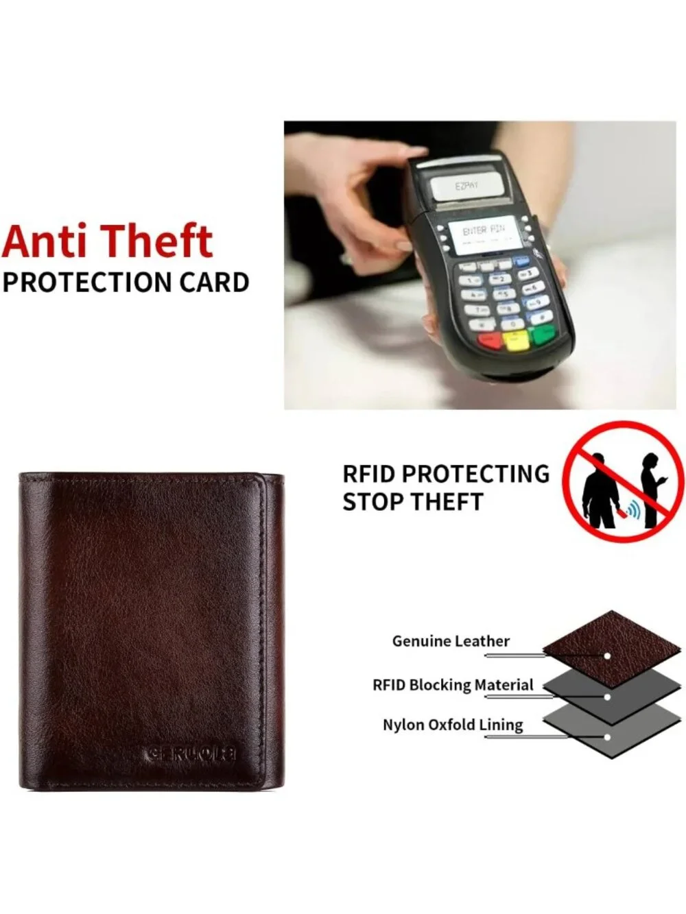 Genuine Leather Trifold Wallet for Men, RFID Blocking, Large Capacity, ID & Card